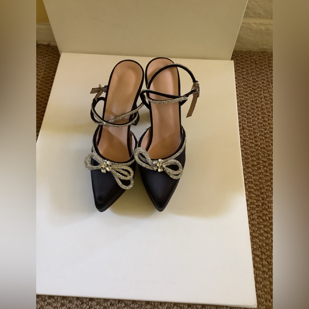Women’s NWOT Black Satin Pumps with Rhinestones and Ankle Strap